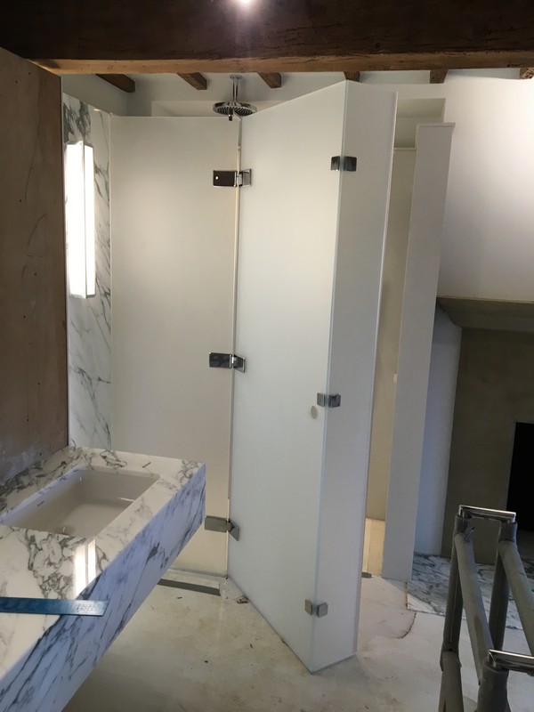 Bespoke frosted glass shower enclosure in Kingston upon Thames luxury bathroom